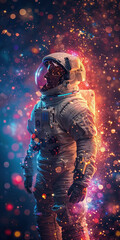 Astronaut standing with cosmos glittering around
