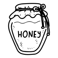 Jar of honey doodle. Sweet mead. Bee apiary. Hand drawn vector sketch illustration.