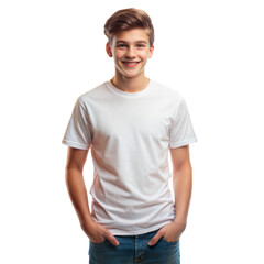 Cheerful boy with hands in jeans pockets standing against a transparent backdrop