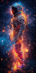 An image of an astronaut standing with hands on hips in front of a cosmic backdrop with vibrant lighting effects