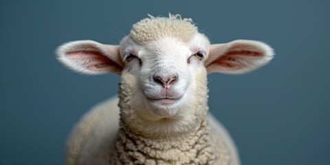 Naklejka premium close up of a sheep. Concept: banner with a cute cheerful animal on a plain copy space background, print or postcard