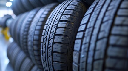 A neat stack of new, perfectly arranged tires.
