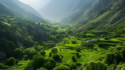 A photo of the green valleys of Panjshir, with lush vegetation as the background, during a vibrant spring day