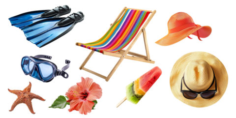 Accessories collage for summer and beach vacations such as beach chair, snorkel, ice cream and other in holiday isolated on background.