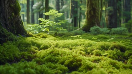 Lush mossy forest floor with sunbeams