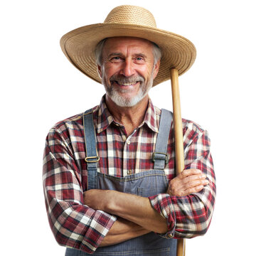 Cheerful elderly man in farmer attire poses with a shovel against a transparent background