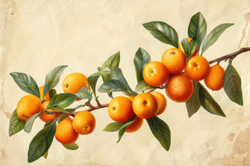 Hand-drawn illustration of a kumquat branch, emphasizing the small fruits used in specialty liqueurs,