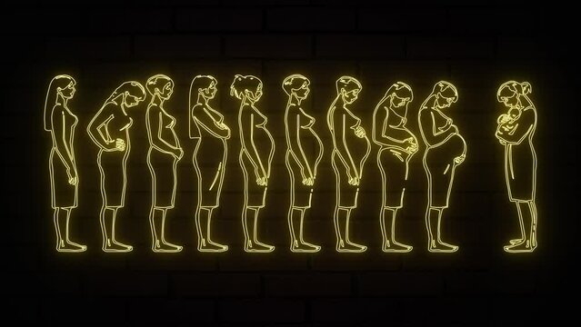 Glowing yellow neon pregnancy stage icon animation is the simple best object on a brick wall. Human embryonic development