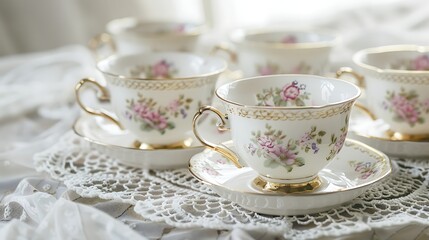 A set of fine bone china teacups with delicate floral patterns, arranged on a lace doily