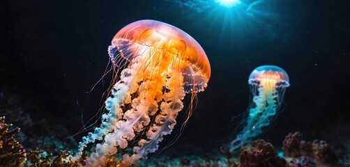 Glowing jellyfish that swim underwater in their natural habitat in the ocean close to the surface at night