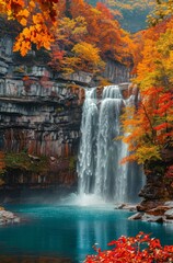 Fototapeta premium Majestic waterfall cascades down from the mountains 