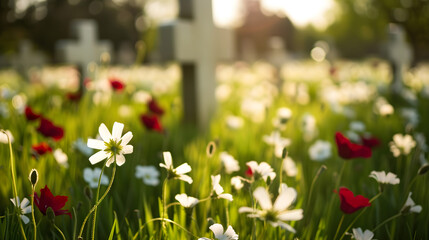 A solemn and respectful scene at a national veteran cemetery on Memorial Day, honoring the sacrifice and service of military personnel. This image is suitable for memorial events, patriotism,...