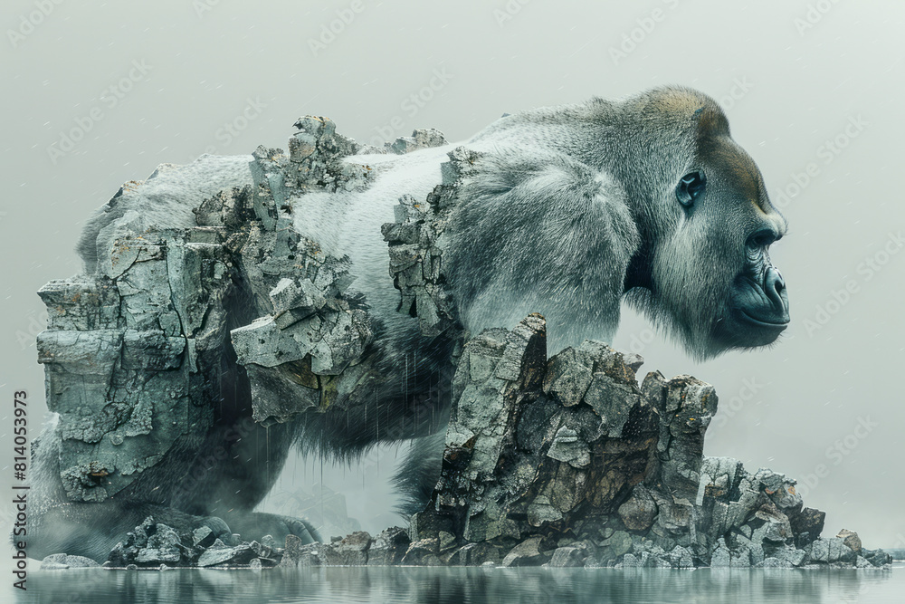 Poster conceptual artwork of a gorilla with its back morphing into a rocky cliff, symbolizing strength and 
