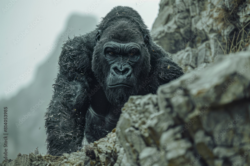 Poster conceptual artwork of a gorilla with its back morphing into a rocky cliff, symbolizing strength and 
