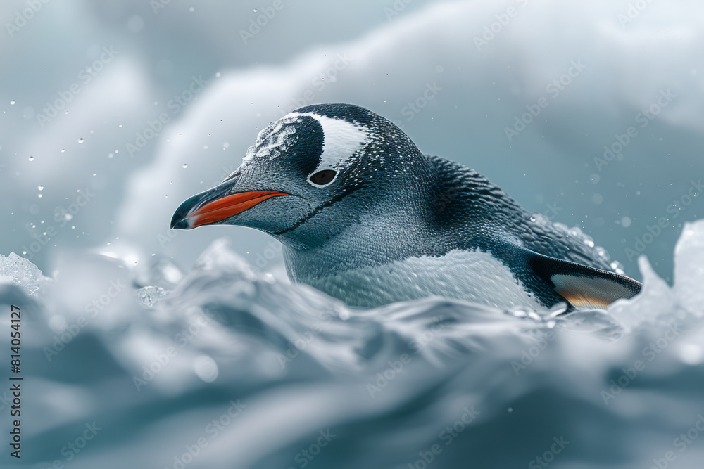 Poster Artistic rendering of a penguin whose body blends into Antarctic ice, merging seamlessly with its environment,