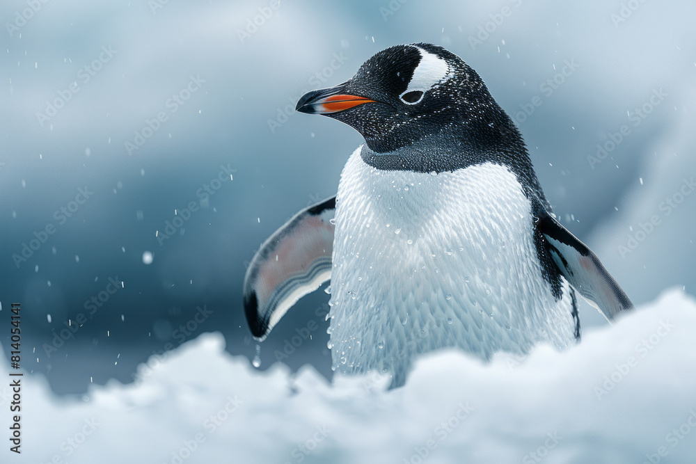 Poster Artistic rendering of a penguin whose body blends into Antarctic ice, merging seamlessly with its environment,