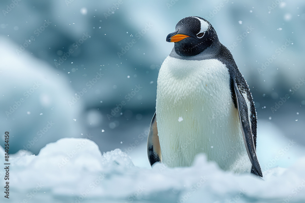 Poster Artistic rendering of a penguin whose body blends into Antarctic ice, merging seamlessly with its environment,