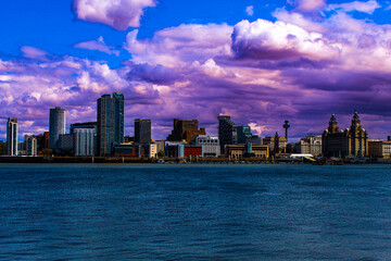 Naklejka premium A panoramic view of the Liverpool waterfront, as seen from New Brighton across the Mersey.