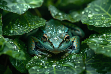 Fototapeta premium A frog with skin that morphs into a mosaic of rainforest foliage, camouflaging within the leaves,