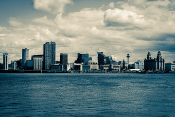 Fototapeta premium A panoramic view of the Liverpool waterfront, as seen from New Brighton across the Mersey.