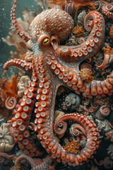 Obraz premium Visualization of an octopus with tentacles that become oceanic currents, swirling around sea treasures,