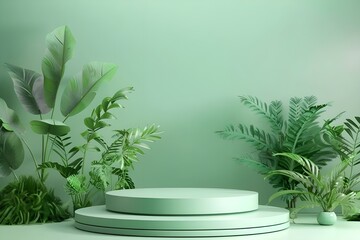 
Background green podium product platform 3D display stage stand luxury. Green background podium abstract studio leaf pedestal scene minimal plant design cosmetic light presentation wall modern Backgr