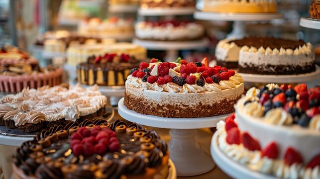 AI generated illustration of delicious cakes displayed in bakery storefront
