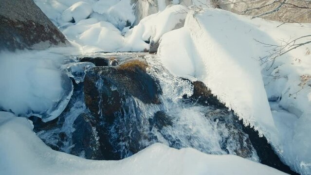 Spring season, flowing water in mountain creek through snow and ice. 