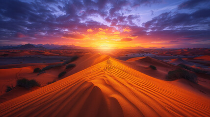 An expansive desert landscape stretching to the horizon, dotted with sand dunes sculpted by the...