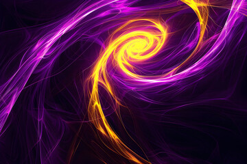 Electric neon purple and yellow swirls on a dark background. Captivating art piece.