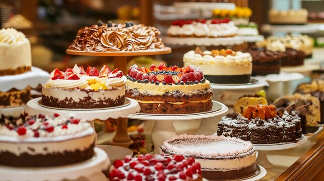 AI generated illustration of delicious cakes displayed in bakery storefront