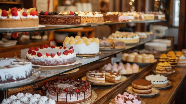 AI generated illustration of delicious cakes displayed in bakery storefront