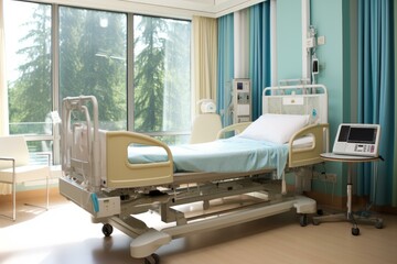 Empty, well-equipped hospital room showcasing a patient bed, medical devices, and a bright window view