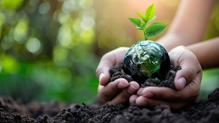 nurturing the planet: hands holding soil with a miniature Earth and growing tree