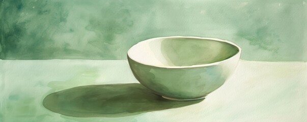 Watercolor painting of a ceramic bowl on a green background