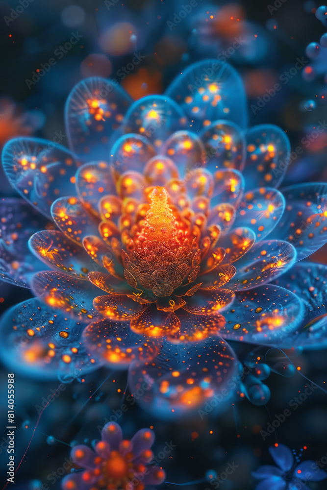 Poster surreal interpretation of a rotavirus, its wheel-like structure turning into a kaleidoscope of brigh