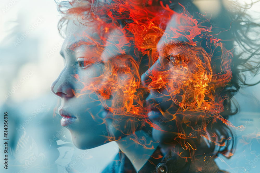 Poster Visualization of a chimera, with each of its three heads transforming into distinct abstract elements,