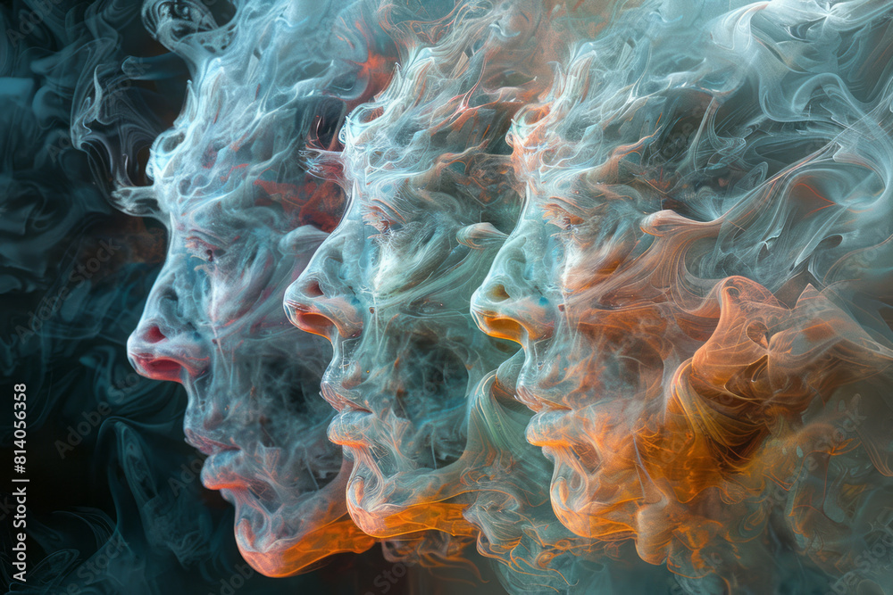 Aufkleber Visualization of a chimera, with each of its three heads transforming into distinct abstract elements,