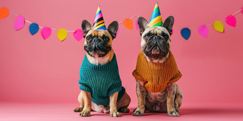 Two dogs in crazy party outfits with party hats
on pink background, advertising, creative party animal concept, copy space, birthday party invitation card