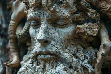 Fototapeta premium Visualization of a faun, with its goat features abstracted into rocky and woody textures,