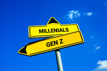 Gen Z and Millennials - Traffic sign with two options - difference and comparison between generations. Age group in population and demography. Generation gap, conflicts and clash.
