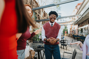 A group of multiracial friends gather outdoors, sharing a joyful moment together on a sunny day during a relaxed weekend.