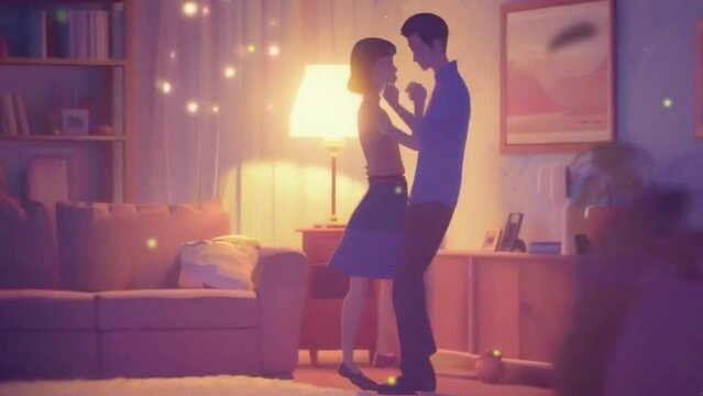 A tender moment of a couple slow dancing in their living room, illuminated by the glow of a lamp, 2D flat Japanese anime-style 4k lofi hip-hop bites landscape music background animation video