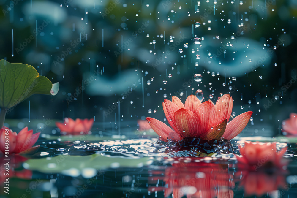 Poster Artistic depiction of a raindrop falling into a pond, with the splash transitioning into a floral bloom,
