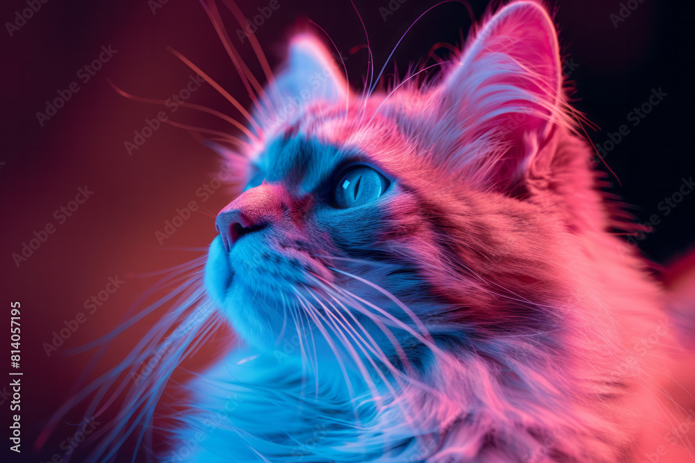 Poster a cat with a bioluminescent fur that changes color based on its mood, integrated with emotive techno