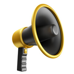 Black and Gold megaphone in 3d render cartoon with transparent background