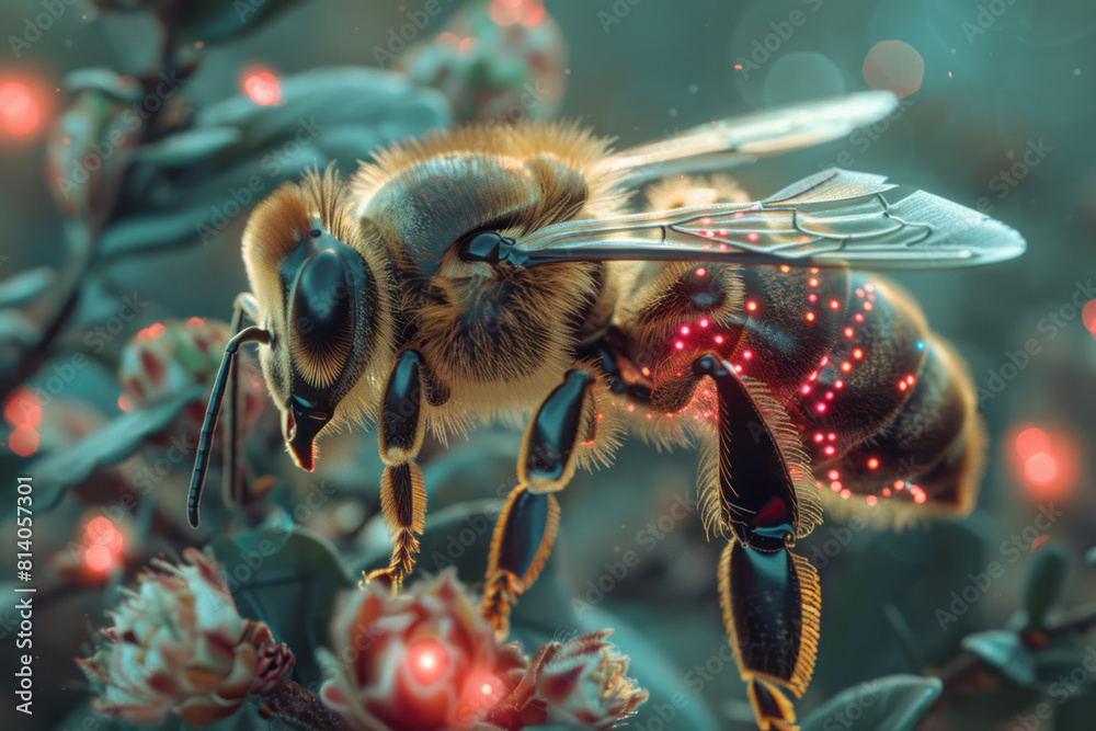 Poster bees with enhanced pollination abilities, equipped with tiny sensors to monitor plant health and env
