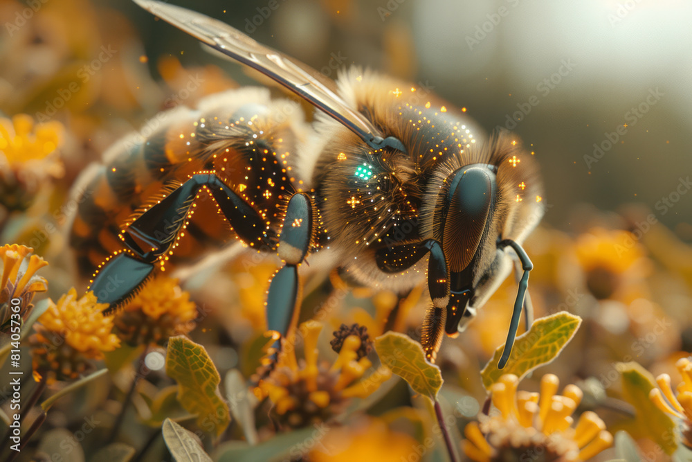 Aufkleber bees with enhanced pollination abilities, equipped with tiny sensors to monitor plant health and env