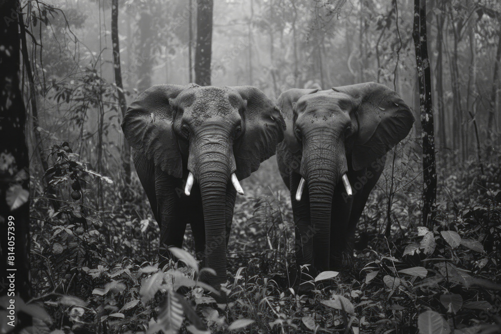 Aufkleber Elephants with artificial intelligence memory storage, assisting in forest navigation and species research,