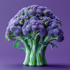 Purple and green broccoli flower isolated on purple background. Magic broccoli. Healthy raw vegetable. 
